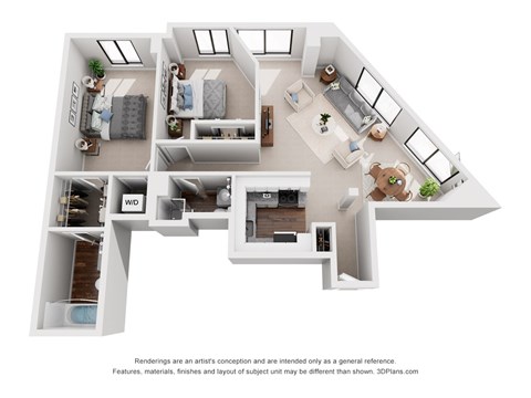 Floor plan for 2 beds, 2 baths, 963 sqft